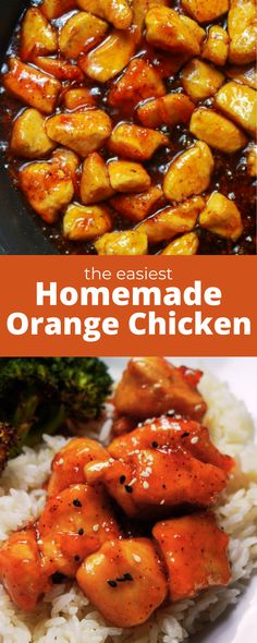 photos of orange chicken in skillet and orange chicken over rice with text "the easiest homemade orange chicken" Orange Chicken And Fried Rice Recipe, Orange Chicken Wok Recipe, Orange Chicken Tenderloin Recipes, Orange Chicken Recipe Orange Marmalade, Orange Chicken Made With Marmalade, Orange Chicken Tacos, Orange Marmalade Chicken Crockpot, Instant Pot Orange Chicken Marmalade, Grilled Orange Chicken Recipe