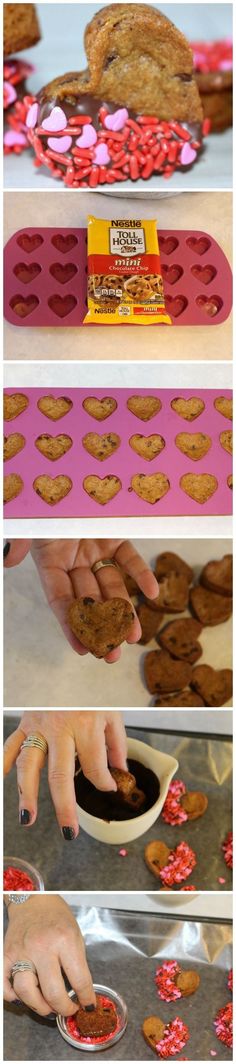 the process for making heart shaped cookies is shown in three different stages, including baking and decorating