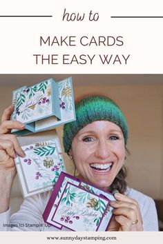 a woman holding up some cards with the words how to make a fun fold card