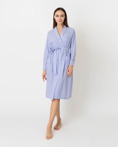 We take fabric seriously, especially when it comes to the kinds of basics you wear every single day. Or night! This is a classic, menswear-style robe that's plenty feminine (but substantial enough in case you need to answer the door or something) and made up in the same soft, striped Japanese cotton lawn that we use for our shirting. The construction details are the same, too — 22 stitches/inch, flat-felled seams — so they're a worthy investment. There are side pockets, which are perfect for your phone, melatonin gummies, spare change, or anything else you like to keep handy around bedtime. We also make a matching nightgown, so you can go for the full look. Clothing Catalog, Full Look, Buckle Shoes, Japanese Cotton, Sweater Gift, Sleepwear & Loungewear, Every Single Day, Sweater Weather, The Door