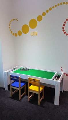 a child's table and chairs in front of a wall with the word learn written on it