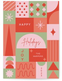 a holiday card with the words happy holidays in red, green and pink colors on it