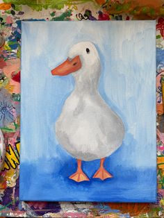 a painting of a white duck on a blue background