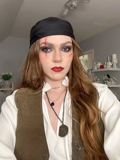 Jack Sparrow Inspired Makeup, Women’s Jack Sparrow Costume, First Mate Pirate, Pirate Makeup With Scar, Pirate Updo Hairstyles, Girl Jack Sparrow Costume, Undead Pirate Makeup, Pirates Costume Makeup