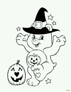 a bear in a witches hat holding a pumpkin