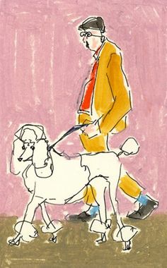 a drawing of a man walking a poodle in front of a pink wall with writing on it