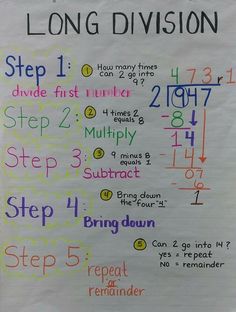 a sign with numbers and times on it that says, long division step 1 first number step 2 multiply subtract