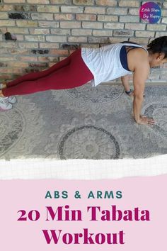 a woman in red pants and white shirt doing a yoga pose with the words abs & arms 20 min tabata workout