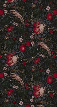 a floral wallpaper with two hands reaching for flowers and leaves in the center, on a black background