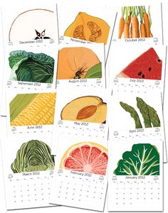 several calendars with pictures of fruits and vegetables on them, including carrots, watermelon, corn, broccoli