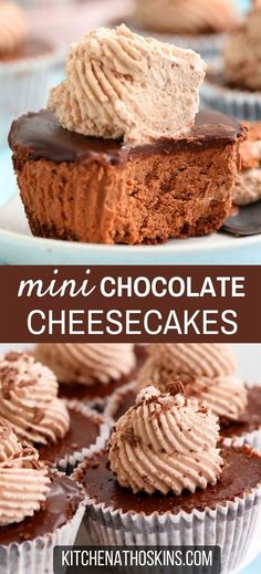 mini chocolate cheesecakes with frosting on top and in the background, there is a plate full of cupcakes