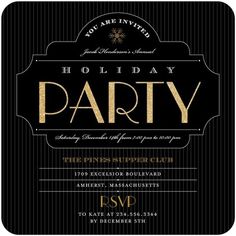 a black and gold holiday party card with the words,'holiday party'on it