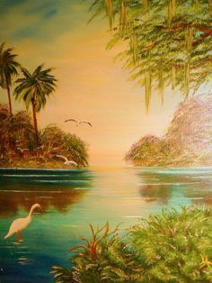 a painting of birds flying over a body of water with palm trees in the background