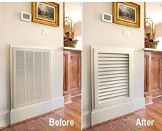 the before and after pictures show how to paint an air conditioner with wood paneling