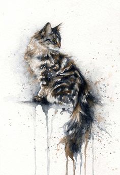 a watercolor painting of a cat sitting on top of a table with dripping paint