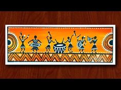 an image of african art on a wooden surface with orange and yellow colors in the background