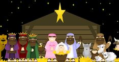 a group of people standing in front of a nativity scene