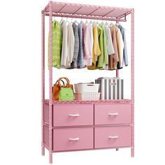 a pink shelf with drawers and clothes on it