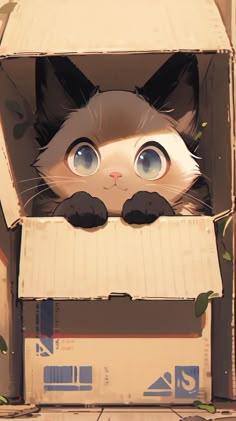 a cat sitting in a cardboard box with its eyes wide open