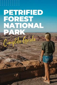 a woman standing on top of a cliff looking out over the desert with text reading petrified forest national park complete guide