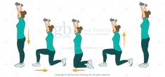 a woman doing the squat exercise with dumbbells and holding two dumbbells above her head