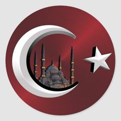 the flag of turkey is reflected in a circular metal button with an image of a mosque