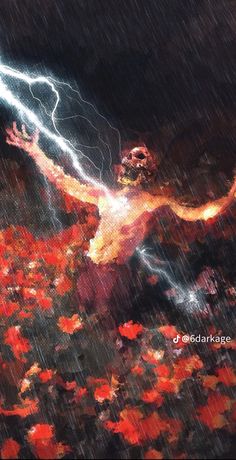 a man with his arms outstretched in the air surrounded by red flowers and lightning bolts