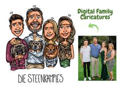 a family caricature is shown with their dog