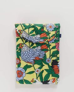 an image of a yellow flower and bird print pouch bag on a white background with flowers