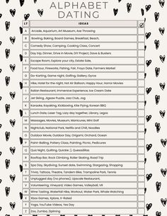 "Alphabet Dating Checklist sheet and Ideas. Fun date ideas to do with significant other or friends. Tiktok trending \"Alphabet Dating\" for any time and any area." Captions Aesthetic For Instagram, Tiktok Trends To Do On Your Boyfriend, Date Idea List, Date List Ideas, Mini Dates Ideas, Couples Ideas Activities Things To Do, Sleepover With Boyfriend Ideas, A-z Date Ideas, Couples Checklist