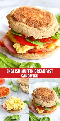 English muffin egg sandwich with ham, tomato and spinach on white plate. Healthy English Muffin, English Muffin Breakfast Sandwich, English Muffin Breakfast, Recipes Healthy Easy, Muffin Breakfast, Egg Sandwich Recipe, Diner Food, Egg Sandwich Breakfast