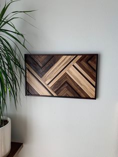 a potted plant sitting on top of a wooden shelf next to a white wall