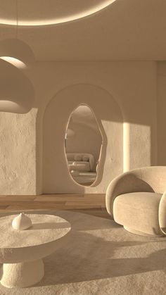 a living room filled with white furniture and circular mirrors on the wall above it's windows