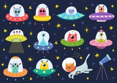 an image of cartoon aliens and cats in space