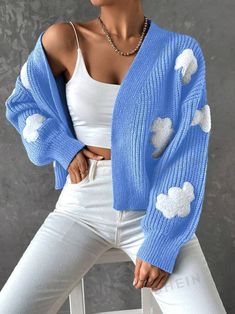 Free Returns ✓ Free Shipping✓. SHEIN EZwear Cloud Pattern Drop Shoulder Duster Cardigan- Women Cardigans at SHEIN. Cloud Pattern, Loose Cardigan, Long Sleeve Outerwear, Crochet Fashion Patterns, Duster Cardigan, Cardigan Long, Blue Cardigan, Really Cute Outfits, Mode Vintage