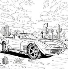 a drawing of a car in the desert