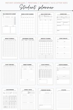 the printable student planner is shown in black and white