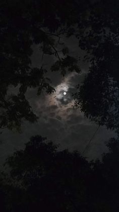 the moon is shining through the clouds in the night sky above some trees and branches