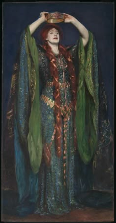 a painting of a woman wearing a green dress and holding her hands on her head