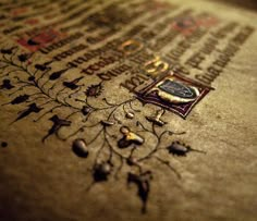 a close up view of an old book with gold and blue designs on the pages