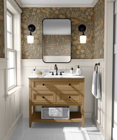 a bathroom with two sinks and a large mirror