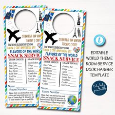 two door hangers with the names of different places on them and an airplane theme