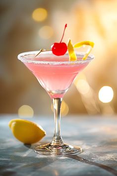 a pink cocktail with a cherry and lemon garnish