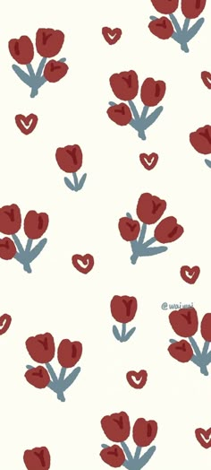 red tulips and hearts on a white background with blue stems in the middle