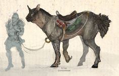 a drawing of a horse with a harness on it's back, standing next to a man