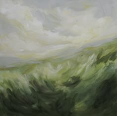 an oil painting of green hills and clouds