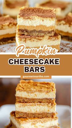 pumpkin cheesecake bars stacked on top of each other with the words pumpkin cheesecake bars below