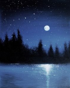 a painting of the night sky with trees and water