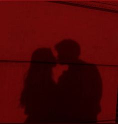 two people standing next to each other in front of a red wall with their shadows on it