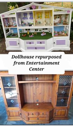 two pictures side by side, one has a doll house and the other has furniture